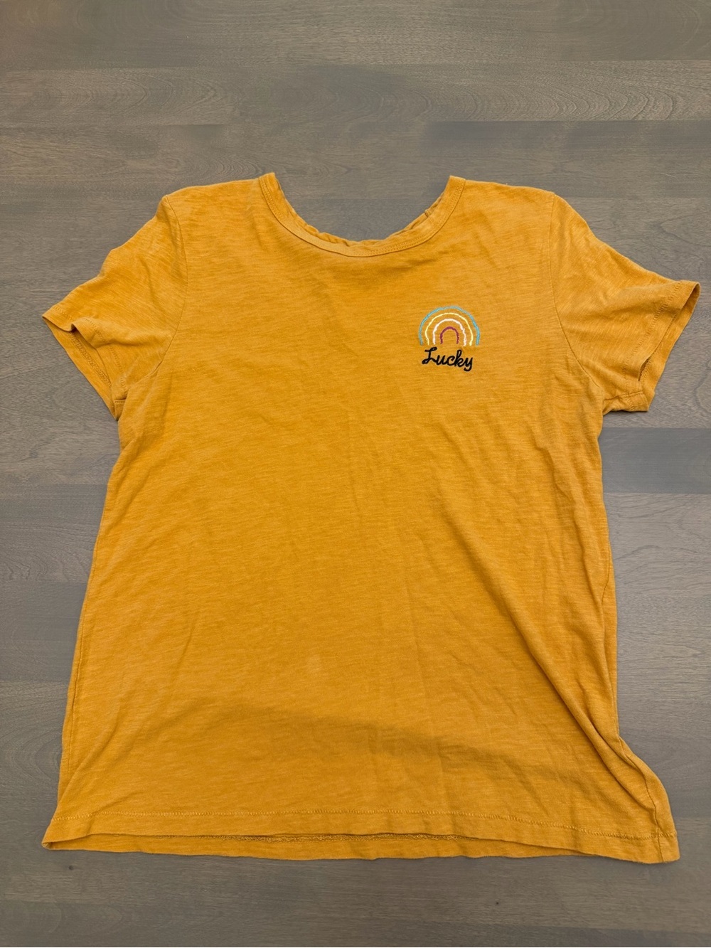 Lucky Mustard Yellow Tee with Embroidered Rainbow